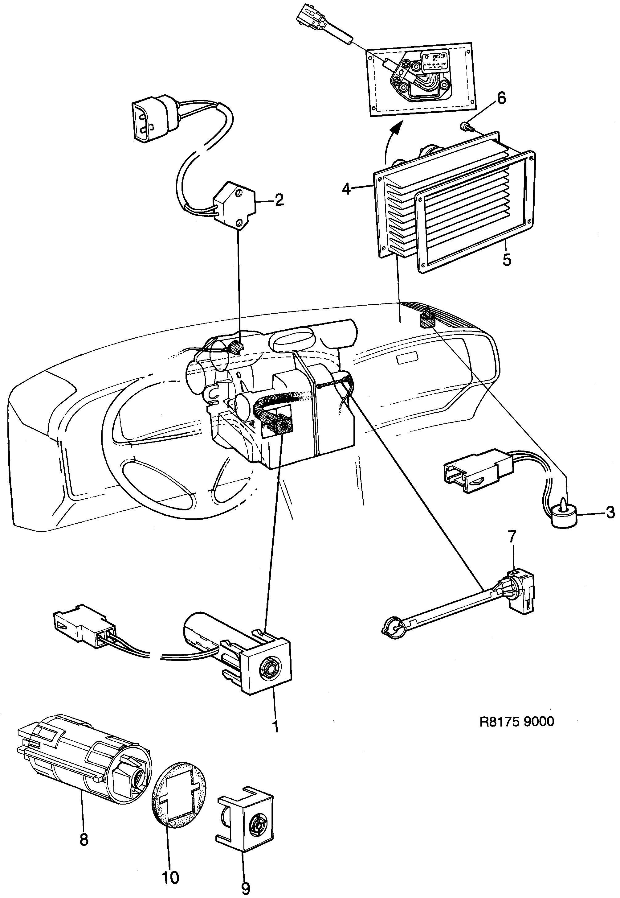 Schéma technique Saab 9000 1985 - Section 1090 : Electric equipment, other