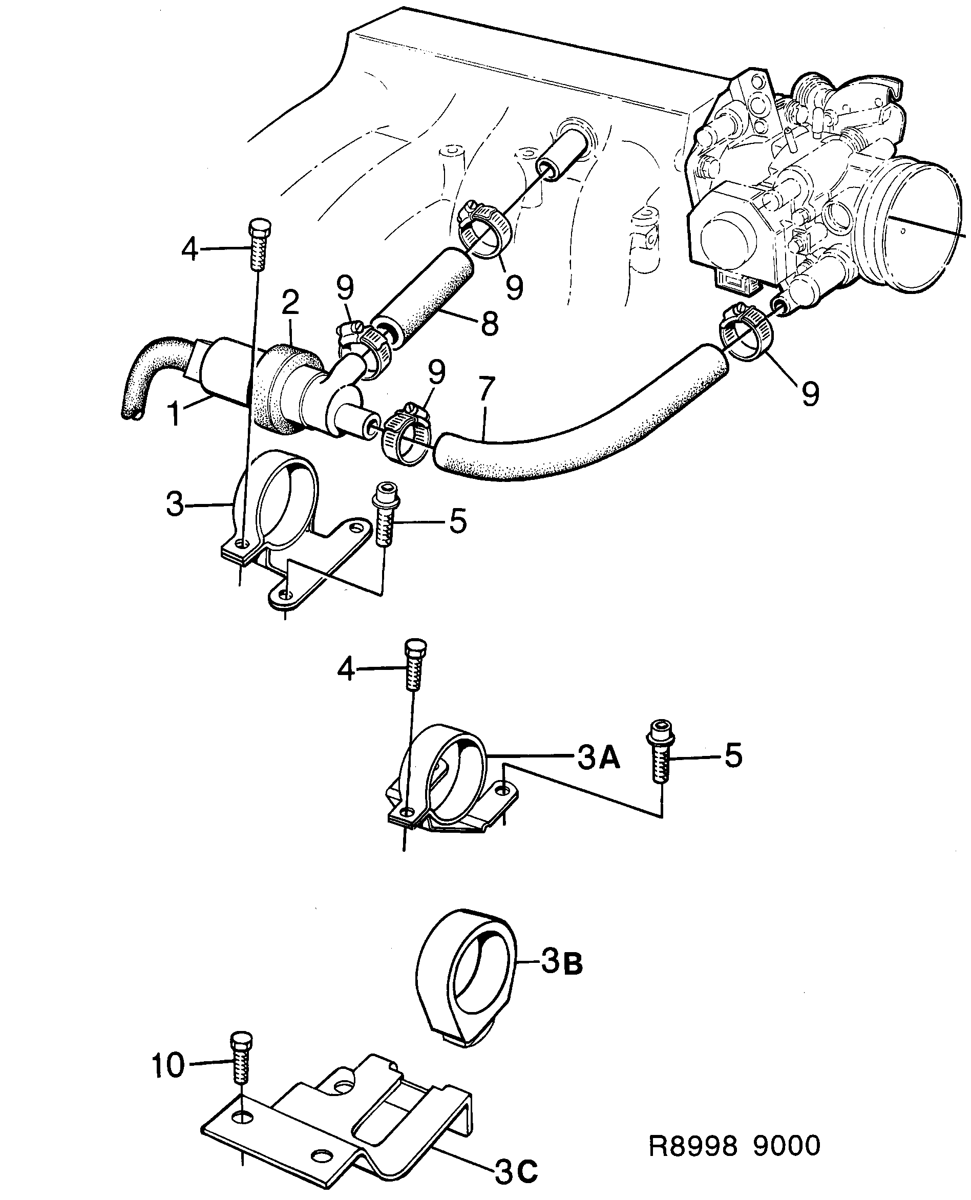Schéma technique Saab 9000 1987 - Section 910 : Intake and exhaust system