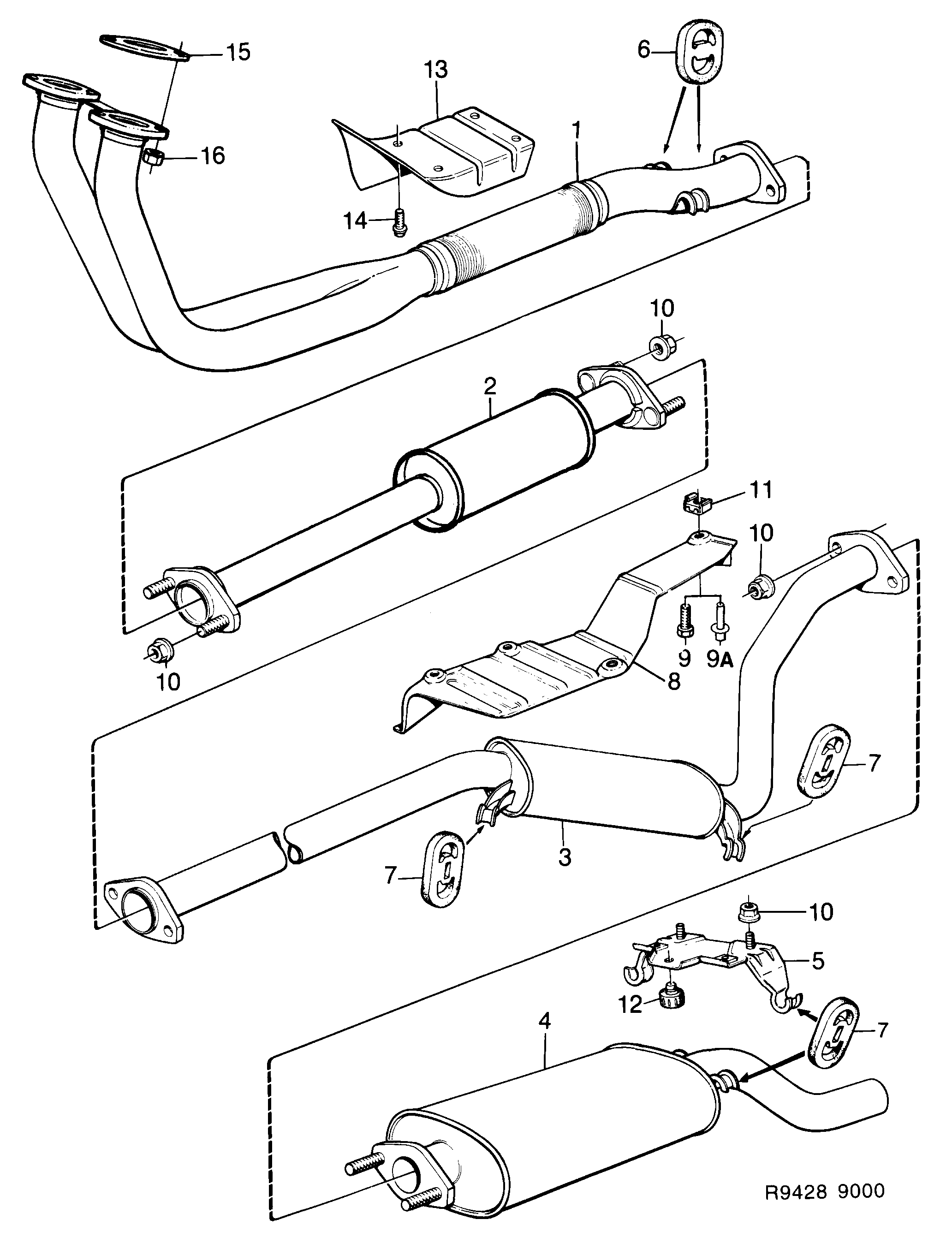 Schéma technique Saab 9000 1987 - Section 1180 : Système d'admission et d'échappement