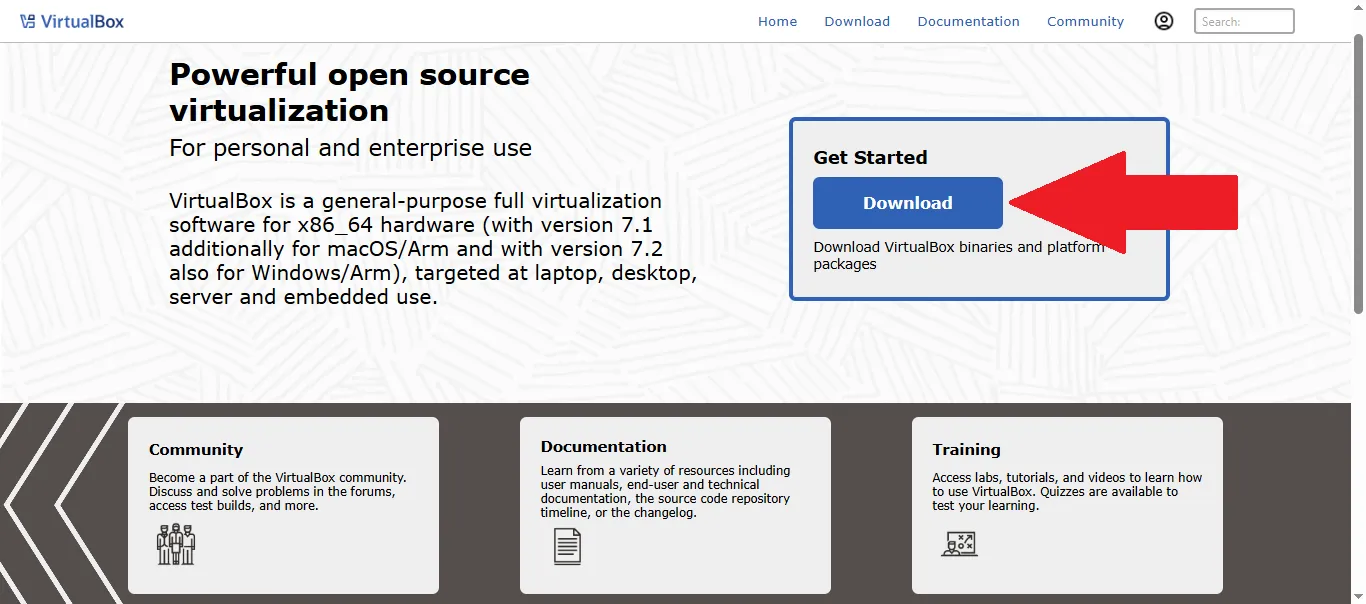 VirtualBox home page with Download button