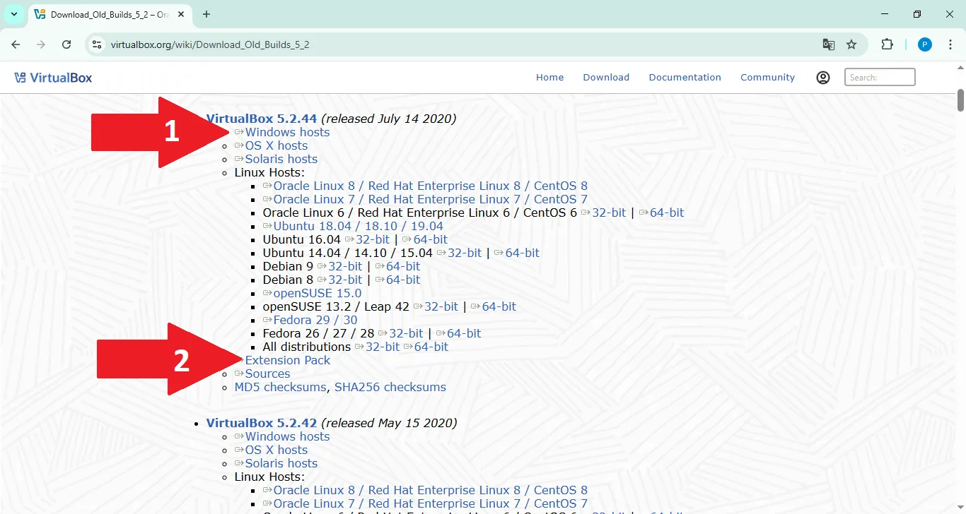 VirtualBox 5.2.44 page – Windows hosts and Extension Pack