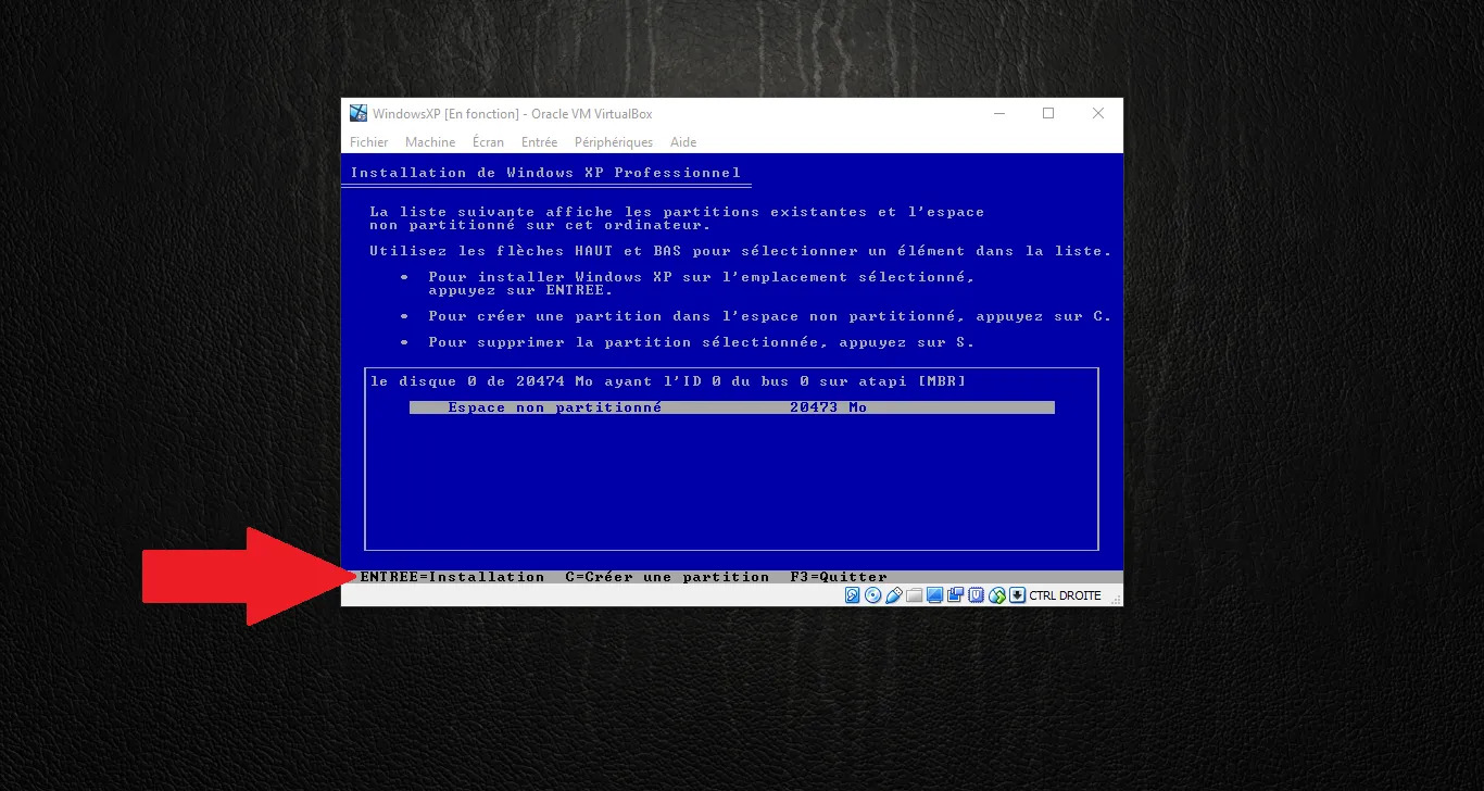 Choix du disque/partition (espace non partitionné)