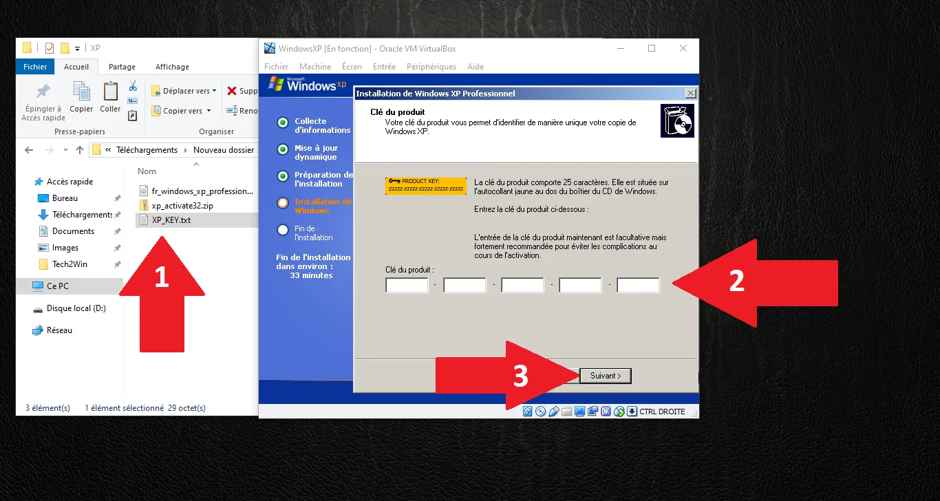 Saisie de la clé produit Windows XP
