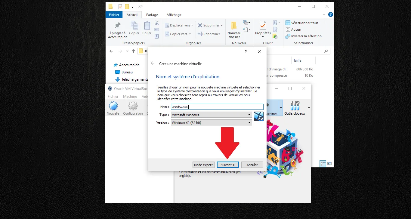 Assistant VirtualBox: name and OS Windows XP